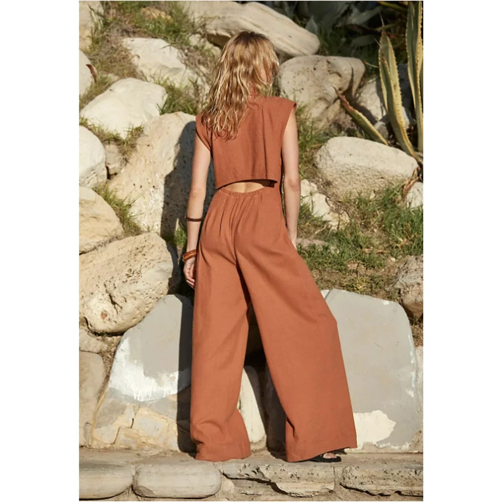 Free People FP Beach Shasta One Piece Wide Leg Jumpsuit Copper S Button Front